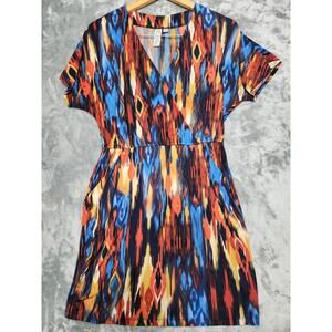 Emma & Michele Dress Womens S Multicolor Ikat Print‎ Stretch Faux Wrap Pockets